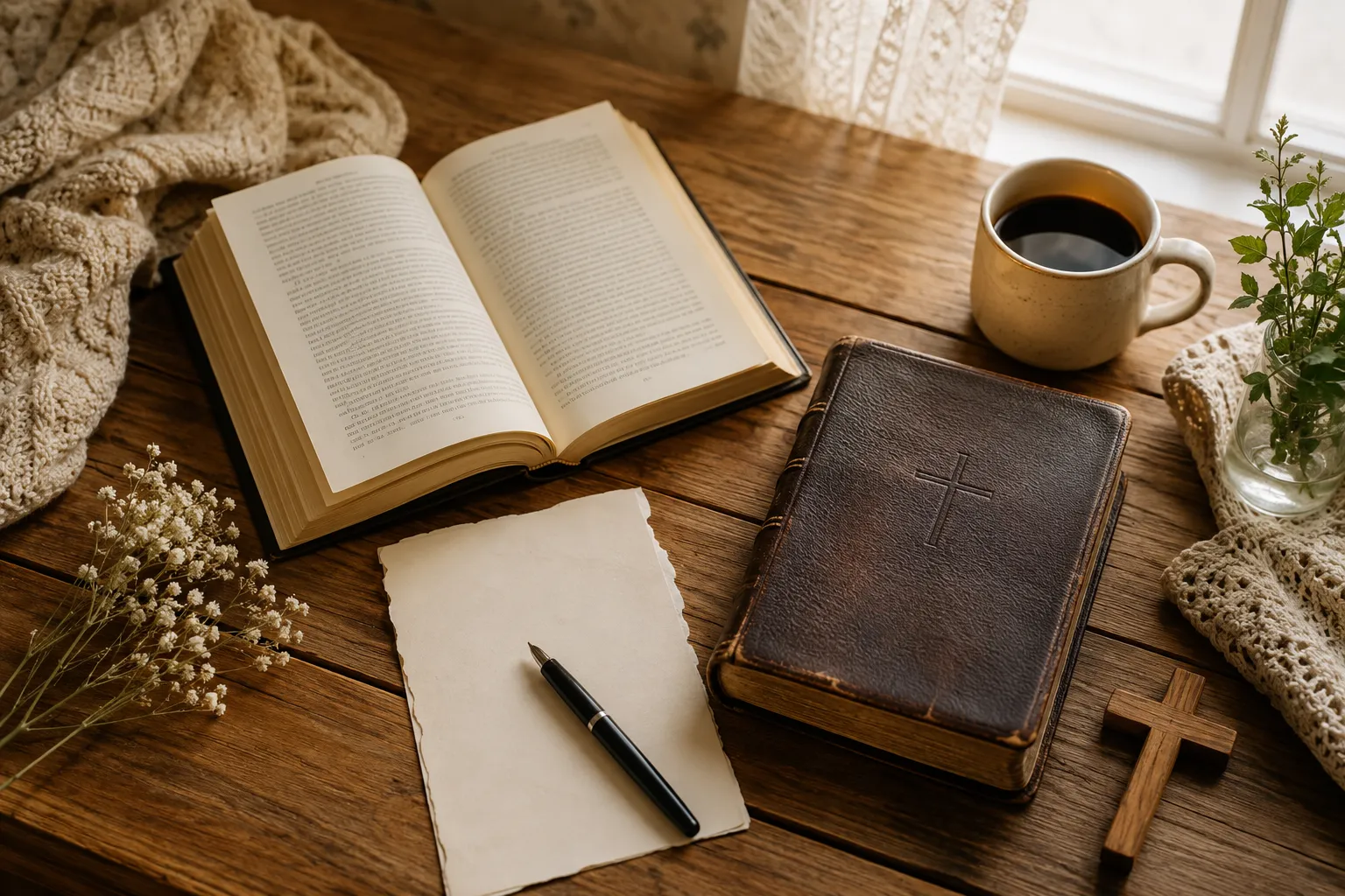 Editorial (): flat-lay overhead shot on a rustic farmhouse table — an open mystery novel face-down beside a worn leather