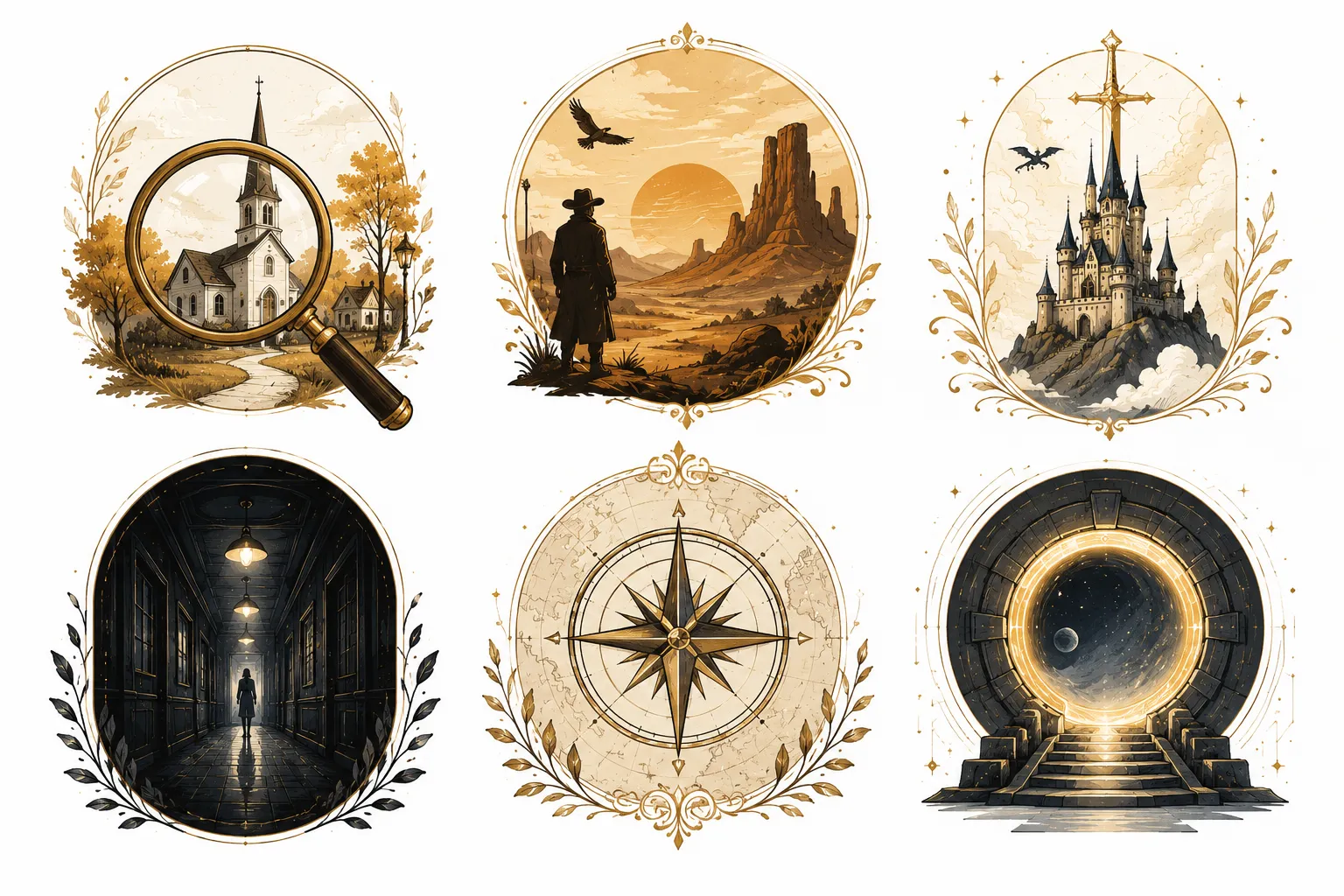 Editorial () — flat-vector style illustrated grid showing six distinct book genre icons arranged in a warm honey-and-cream