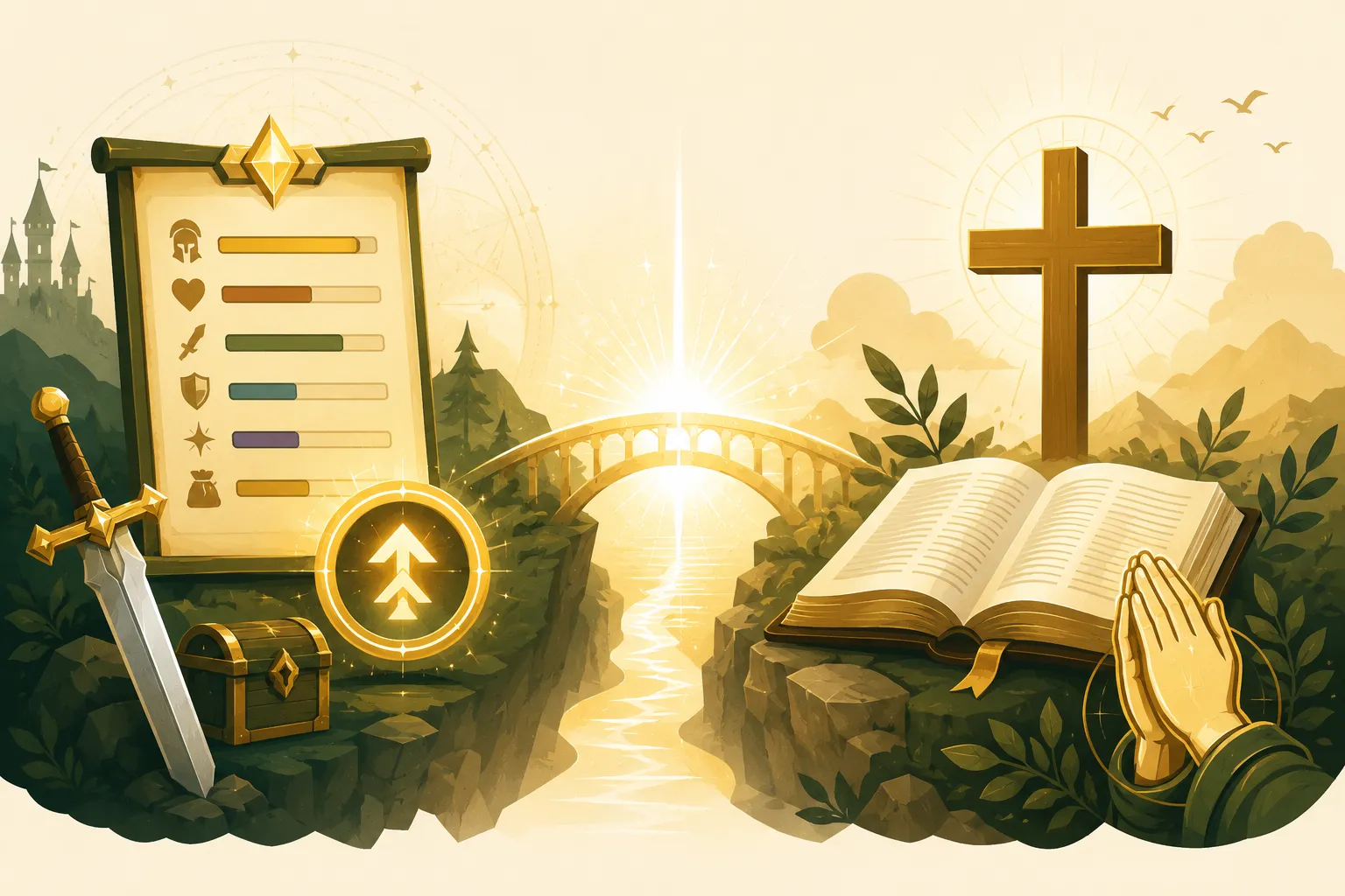 Symbolic flat-vector illustration in warm amber, ivory, and forest green on a clean cream background. Split composition: