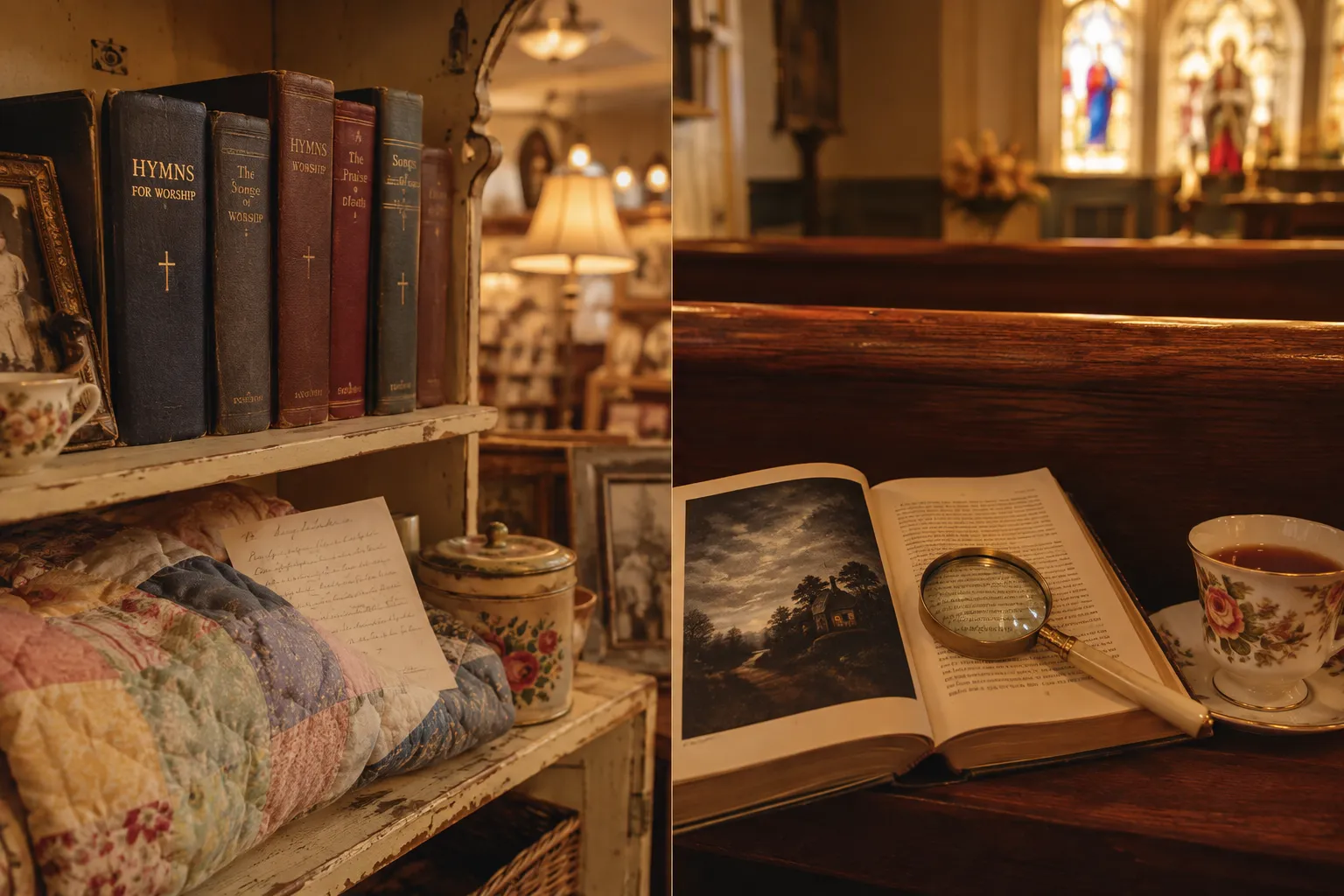 Cinematic split-screen editorial illustration (): left half shows a vintage thrift shop shelf with donated hymnals, a folded
