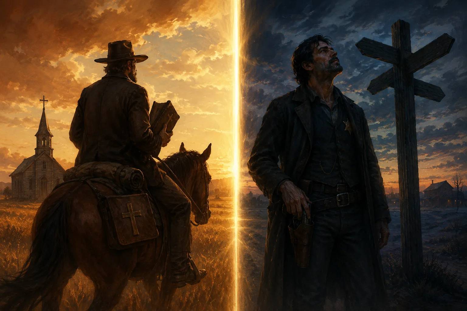 Editorial () symbolic split-screen illustration: left half depicts a circuit-riding frontier preacher on horseback crossing