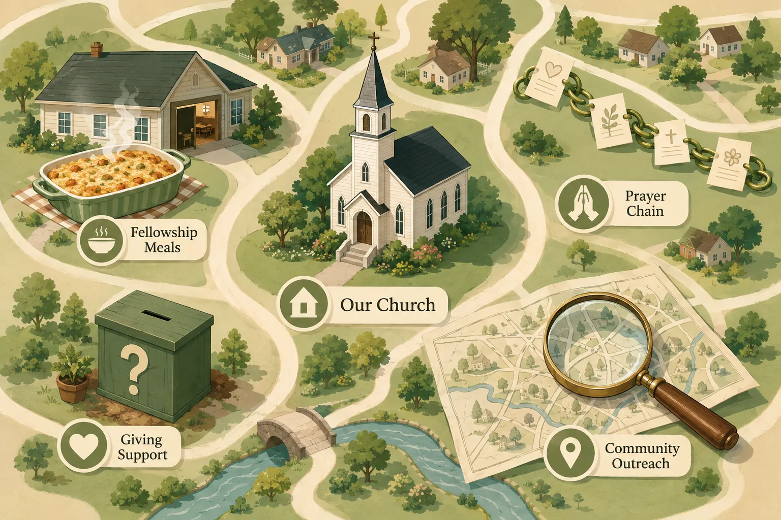 Flat-vector editorial illustration in warm cream and sage green: a bird's-eye view of a small-town church community map