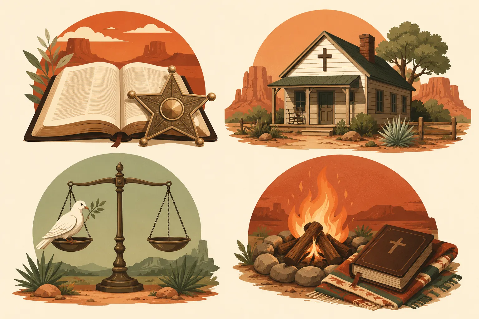Flat-vector infographic style illustration () — bright cream and terracotta background, four distinct symbolic icons