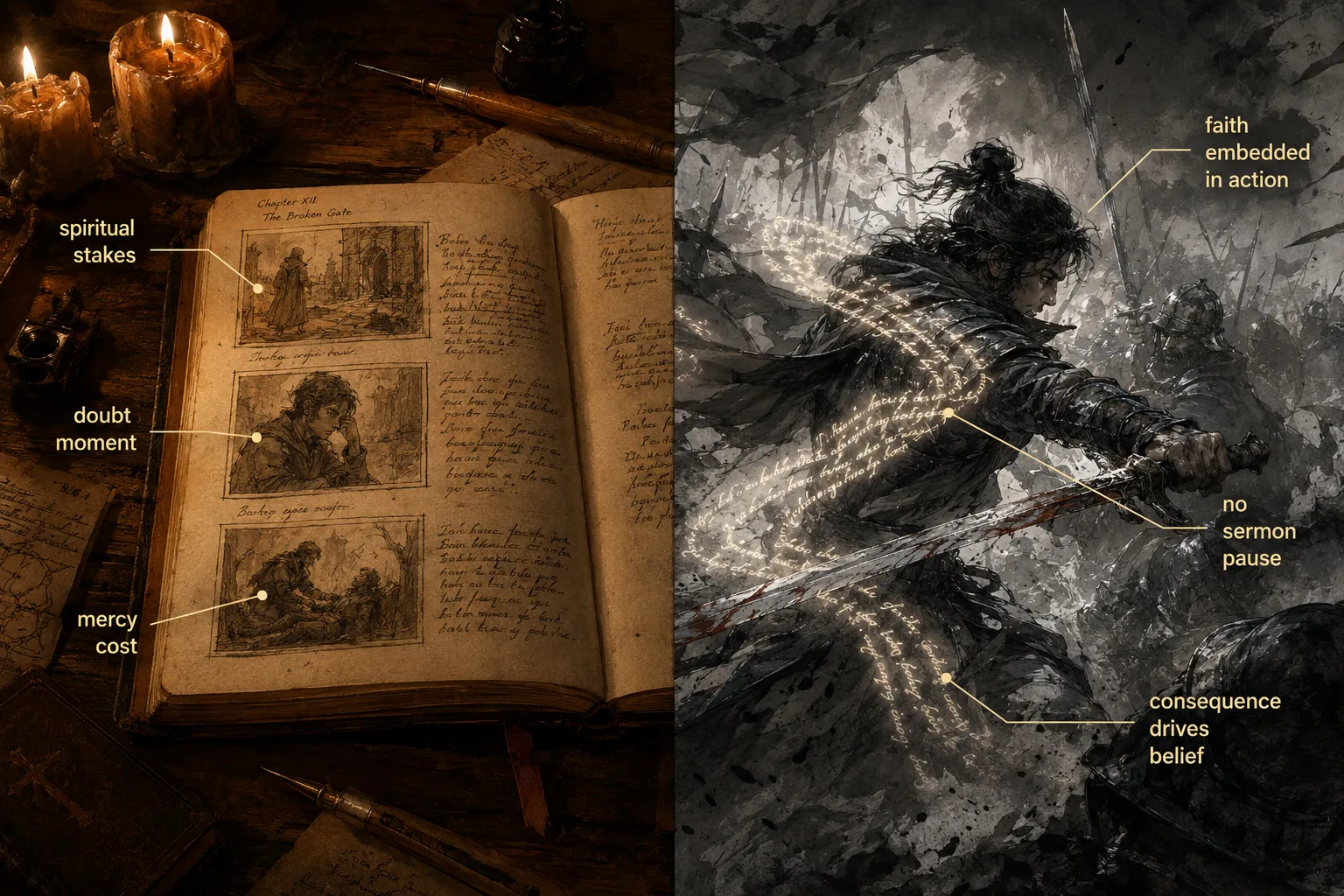 How Do Authors Balance Fast-Paced Action with Deep Spiritual Themes?