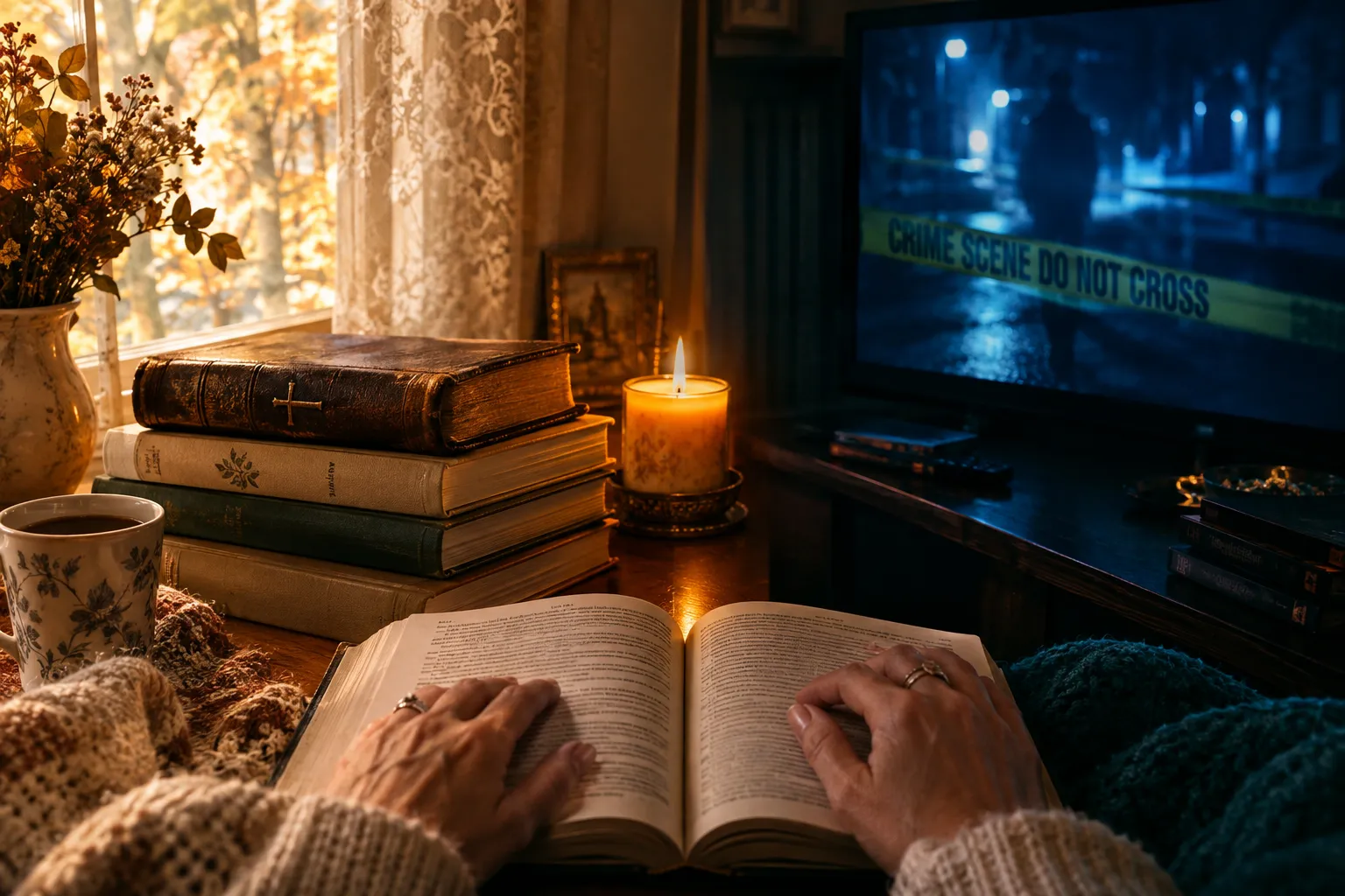 Editorial () hero image: a warm-lit reading nook scene split by visual tension — on the left, a softly glowing stack of