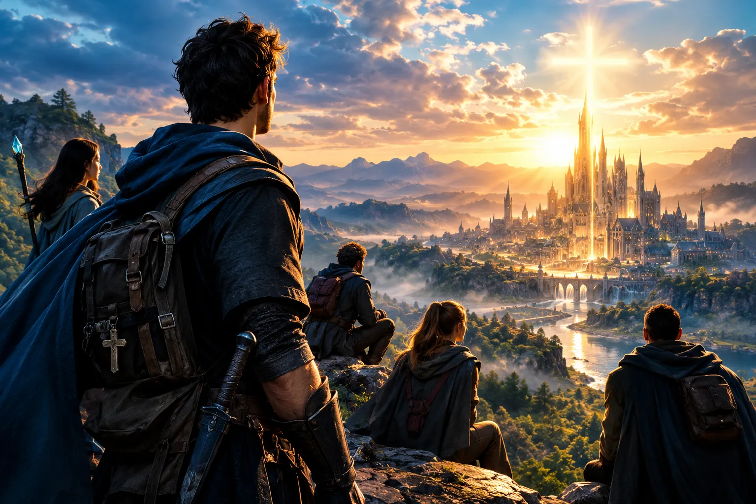 Professional landscape hero image (). Modern design, , , aesthetic. Background imagery relevant to: Christian LitRPG