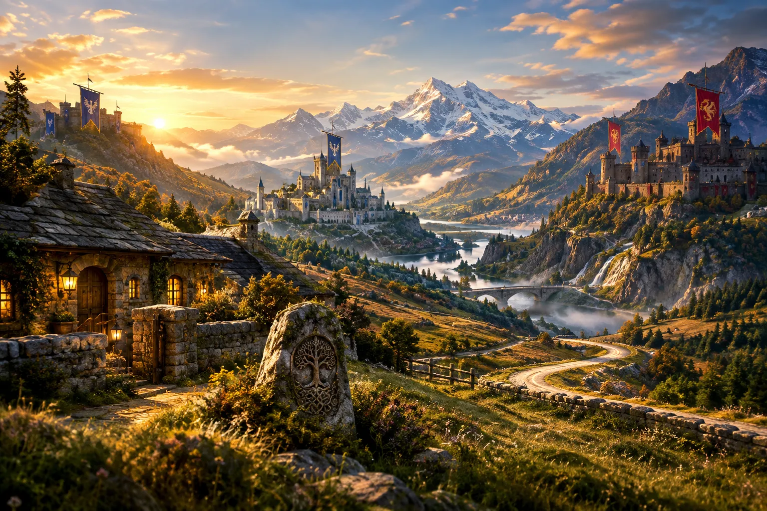 Landscape editorial hero (), no text anywhere: a wide fantasy vista at golden morning light — terraced highland valley with